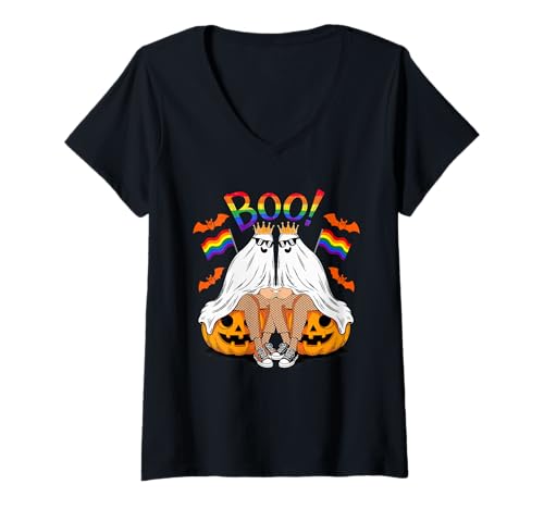 Damen Couple Cosplay Boo Ghosts Sunglasses Proud LGBT Halloween T-Shirt mit V-Ausschnitt Damen Couple Cosplay Boo Ghosts Sunglasses Proud LGBT Halloween T-Shirt mit V-Ausschnitt von LGBT Halloween Costume
