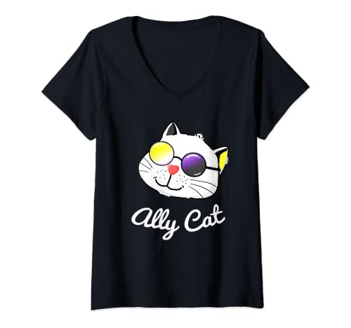 Damen Non Binary Ally Pride Cat Sonnenbrille LGBTQ Nonbinary Flag T-Shirt mit V-Ausschnitt Damen Non Binary Ally Pride Cat Sonnenbrille LGBTQ Nonbinary Flag T-Shirt mit V-Ausschnitt von LGBT Nonbinary Ally Non-Binary Flag Clothes