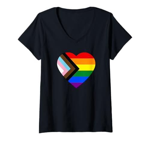Damen Progress Pride Flagge Regenbogenherz LGBTQ Inclusion & Love T-Shirt mit V-Ausschnitt von LGBT Occasion CSD Designs