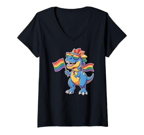 Damen LGBT Pride Month | Regenbogenflagge LGBTQ Pride T-Rex Dinosaurier T-Shirt mit V-Ausschnitt Damen LGBT Pride Month | Regenbogenflagge LGBTQ Pride T-Rex Dinosaurier T-Shirt mit V-Ausschnitt von LGBT Pride Celebration Apparel.USA