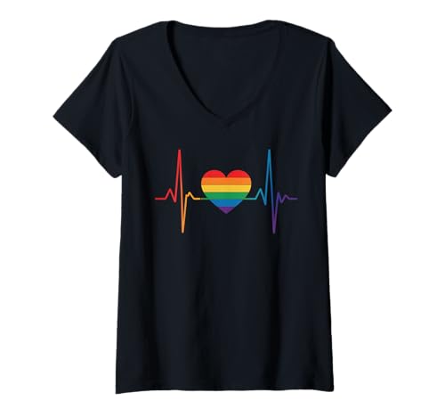 Damen Süßer LGBT Pride Month | Pride Love Pulse Rainbow Heart LGBTQ T-Shirt mit V-Ausschnitt Damen Süßer LGBT Pride Month | Pride Love Pulse Rainbow Heart LGBTQ T-Shirt mit V-Ausschnitt von LGBT Pride Celebration Apparel.USA