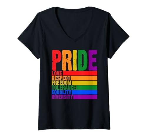 Damen 2025 Gay Pride Month Liebe Respekt Freiheit LGBTQ Regenbogen T-Shirt mit V-Ausschnitt von LGBT Pride Clothing