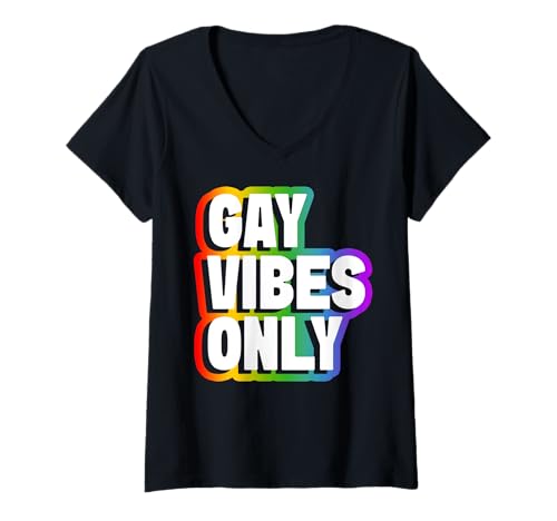 Damen Gay Vibes Only LGBTQ Pride Regenbogenflagge Gay Lesben T-Shirt mit V-Ausschnitt Damen Gay Vibes Only LGBTQ Pride Regenbogenflagge Gay Lesben T-Shirt mit V-Ausschnitt von LGBT Pride Month Transgender Trans Flag Rainbow