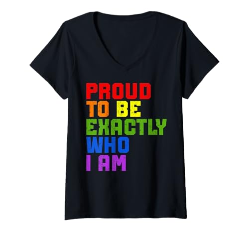 Damen Proud To Be Exactly Who I Am LGBTQ Pride Regenbogen-Flagge T-Shirt mit V-Ausschnitt Damen Proud To Be Exactly Who I Am LGBTQ Pride Regenbogen-Flagge T-Shirt mit V-Ausschnitt von LGBT Pride Month Transgender Trans Flag Rainbow