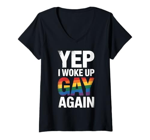 Damen Ja, ich bin wieder schwul aufgewacht Lustiger LGBTQ Rainbow Flag Pride Month T-Shirt mit V-Ausschnitt Damen Ja, ich bin wieder schwul aufgewacht Lustiger LGBTQ Rainbow Flag Pride Month T-Shirt mit V-Ausschnitt von LGBT Sarcastic Sayings Graphic Equality Support