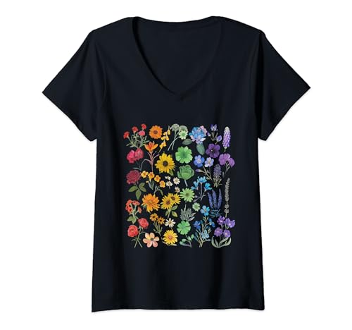 Damen Subtle Wildflowers LGBTQ Month Rainbow Flowers Gay Pride T-Shirt mit V-Ausschnitt Damen Subtle Wildflowers LGBTQ Month Rainbow Flowers Gay Pride T-Shirt mit V-Ausschnitt von LGBT Shirts Gay Pride Lesbian Bi Trans Gifts
