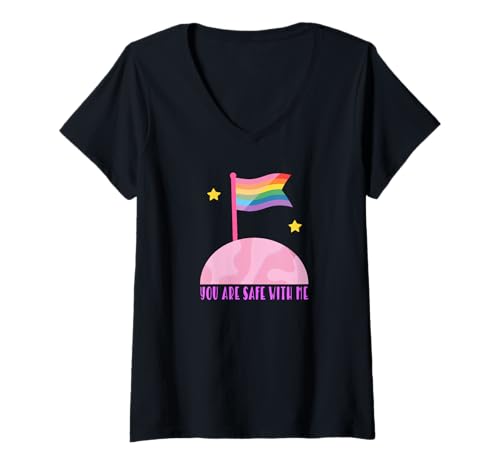Damen Safe with Me Rainbow Pride Flagge Pink Planet Safe Space LGBTQ T-Shirt mit V-Ausschnitt Damen Safe with Me Rainbow Pride Flagge Pink Planet Safe Space LGBTQ T-Shirt mit V-Ausschnitt von LGBT Trans Ally Friendly