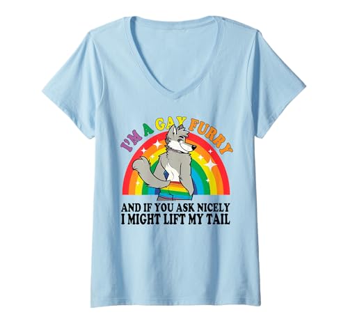 Damen Gay Furry Pride, Lustiges I'm A Gay Furry T-Shirt Rainbow Fox Furry T-Shirt mit V-Ausschnitt von LGBT