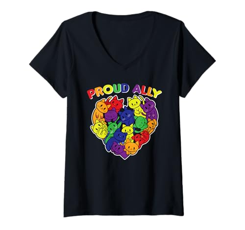 Damen Proud Ally LGBTQ Supporter Regenbogen Katze Herz T-Shirt mit V-Ausschnitt von LGBTQ+ Pride Support Katzen Designs