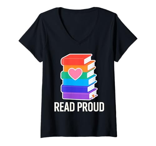 Damen Read Proud Bücherstapel Regenbogen Herz T-Shirt mit V-Ausschnitt von LGBTQ Bücher Regenbogen Herz Stolz