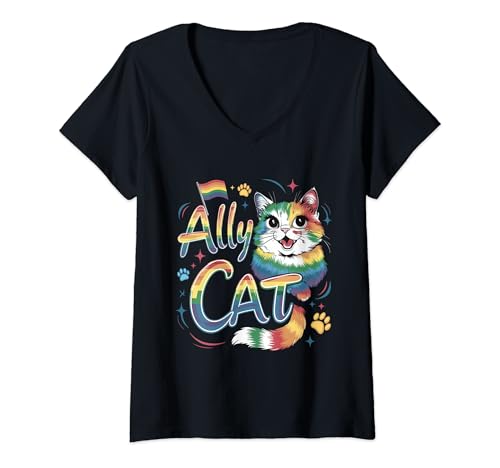Damen LGBT-Verbündeter, Katze, sei nett, schwuler Regenbogen T-Shirt mit V-Ausschnitt Damen LGBT-Verbündeter, Katze, sei nett, schwuler Regenbogen T-Shirt mit V-Ausschnitt von LGBTQ-Flagge Gay Pride T-Shirt