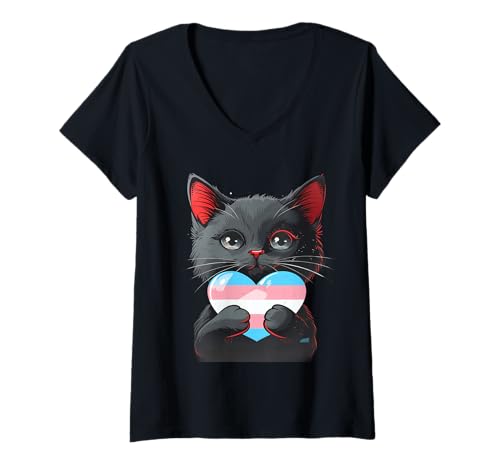 Damen Transgender Cat Transsexuelle Flagge Transsexualität LGBT T-Shirt mit V-Ausschnitt von LGBTQ Gay Lesbian Trans Gender Pan Pride