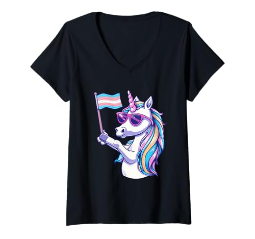 Damen Transgender Einhorn LGBT Transsexuelle Flagge Transsexualität T-Shirt mit V-Ausschnitt von LGBTQ Gay Lesbian Trans Gender Pan Pride