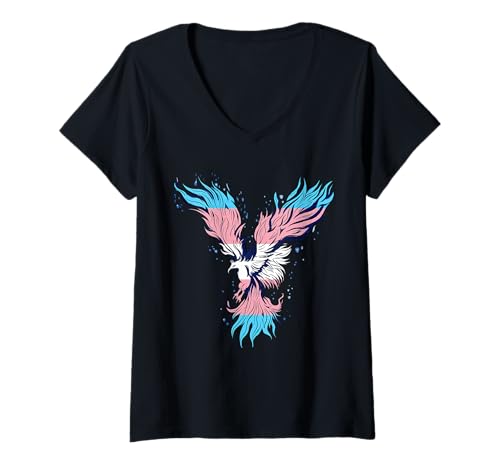 Damen Transgender Phoenix Reborn Transsexuelle Flagge LGBT Trans Bird T-Shirt mit V-Ausschnitt von LGBTQ Gay Lesbian Trans Gender Pan Pride