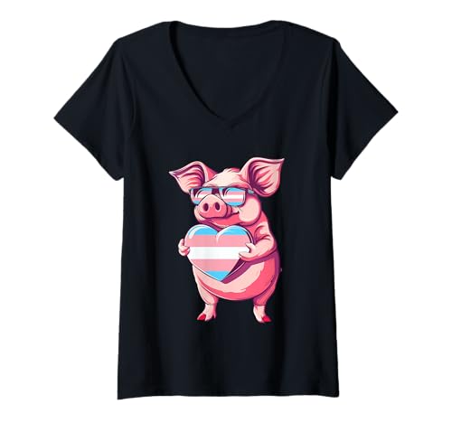 Damen Transsexual Pride Pig Heart Trans Flag Transsexualität LGBT T-Shirt mit V-Ausschnitt von LGBTQ Gay Lesbian Trans Gender Pan Pride