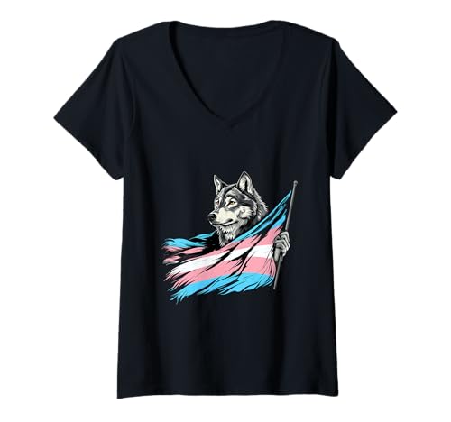 Damen Transsexueller Wolf Transsexualität Transgender Trans Flag T-Shirt mit V-Ausschnitt von LGBTQ Gay Lesbian Trans Gender Pan Pride