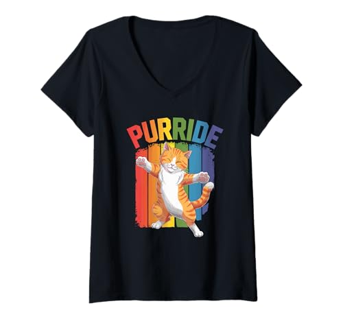Damen Purride Cat Happy LGBTQ Pride Regenbogenkunst T-Shirt mit V-Ausschnitt Damen Purride Cat Happy LGBTQ Pride Regenbogenkunst T-Shirt mit V-Ausschnitt von LGBTQ Pride Cat Rainbow Design Lovers