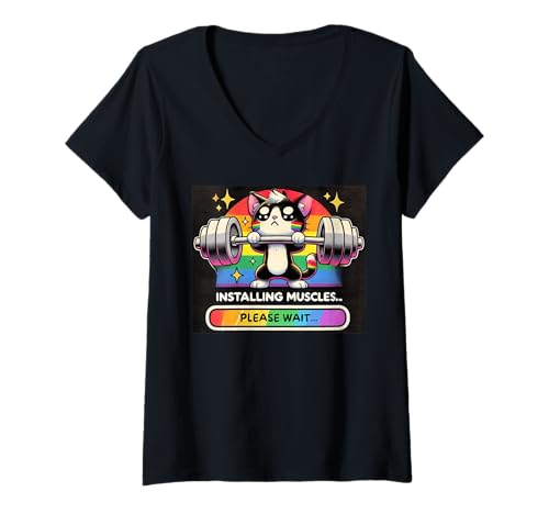 Damen Muskulatur installieren Lustiges LGBT Rainbow Gym Fitness Cat Meme T-Shirt mit V-Ausschnitt von LGBTQ Pride Kitten Weightlifting Workout
