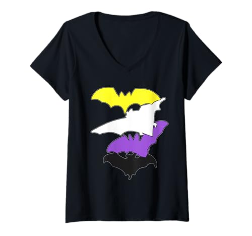 Damen Non Binary Pride Bat Lustige LGBTQ-Flaggenfarben T-Shirt mit V-Ausschnitt Damen Non Binary Pride Bat Lustige LGBTQ-Flaggenfarben T-Shirt mit V-Ausschnitt von LGBTQ Pride Non-Binary Designs