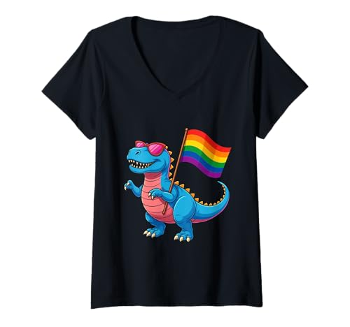 Damen Dinosaurier LGBT Regenbogen Flagge Pride Month Gay Lesben Junge Kinder T-Shirt mit V-Ausschnitt von LGBTQ Rainbow Dinosaur Pride Month Gays Lesbians