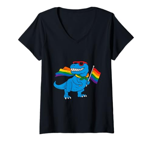 Damen Dinosaurier LGBT Regenbogen Flagge Pride Month Gay Lesben Junge Kinder T-Shirt mit V-Ausschnitt von LGBTQ Rainbow Dinosaur Pride Month Gays Lesbians