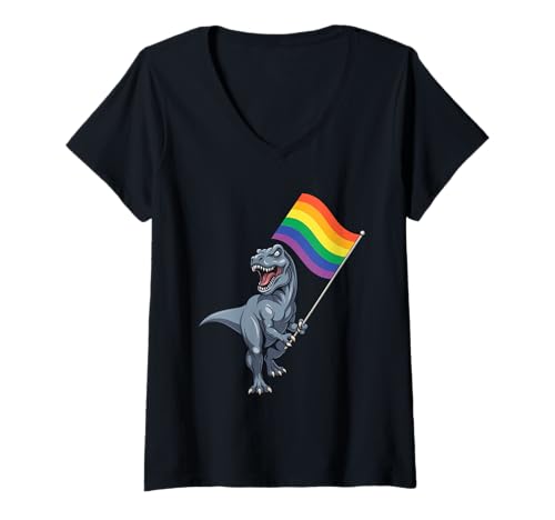 Damen Dinosaurier LGBT Regenbogen Flagge Pride Month Gay Lesben Junge Kinder T-Shirt mit V-Ausschnitt von LGBTQ Rainbow Dinosaur Pride Month Gays Lesbians