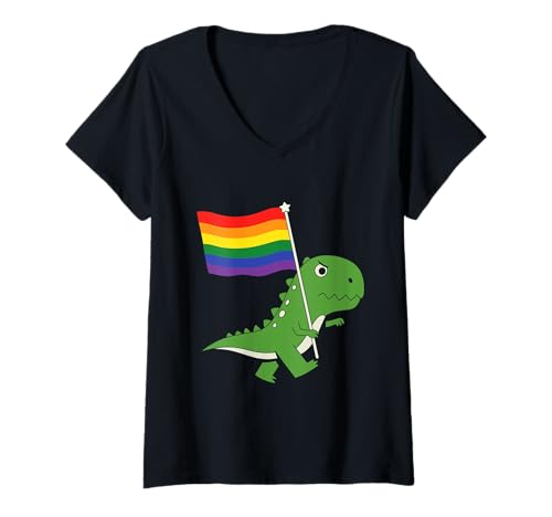 Damen Dinosaurier LGBT Regenbogen Flagge Pride Month Gay Lesben Junge Kinder T-Shirt mit V-Ausschnitt von LGBTQ Rainbow Dinosaur Pride Month Gays Lesbians