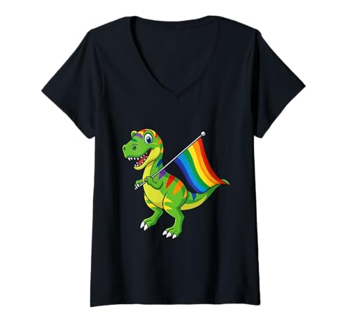 Damen Dinosaurier LGBT Regenbogen Flagge Pride Month Gay Lesben Junge Kinder T-Shirt mit V-Ausschnitt von LGBTQ Rainbow Dinosaur Pride Month Gays Lesbians