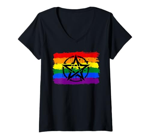 Damen Regenbogen-Pentagramm Goth LGBTQ Gay Pride Flagge Pentagramm T-Shirt mit V-Ausschnitt Damen Regenbogen-Pentagramm Goth LGBTQ Gay Pride Flagge Pentagramm T-Shirt mit V-Ausschnitt von LGBTQ Rainbow Pride Pentacle Offerings.