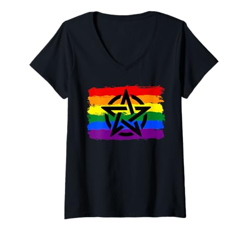 Damen Regenbogen-Pentakel-Pride-Flagge T-Shirt mit V-Ausschnitt von LGBTQ Rainbow Pride Pentacle Offerings.