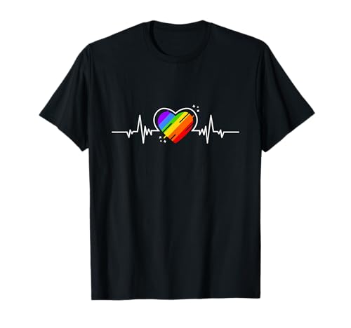 LGBTQ Transgender Herzschlag Design Damen T-Shirt Herzbeat Herz Liebe Regenbogen Pride CSD Gay LGBTQ Klassisch geschnitten V-Ausschnitt Kurzarm S Multicolored Klassische Passform Klassisch von LGBTQ Transgender Herzschlag Design