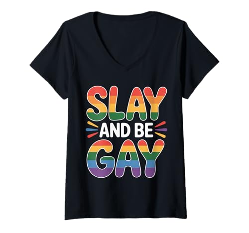Damen Slay and Be Gay LGBTQ Celebration Pride ||- T-Shirt mit V-Ausschnitt Damen Slay and Be Gay LGBTQ Celebration Pride ||- T-Shirt mit V-Ausschnitt von LGBTQ -Vertrauen und Stolz