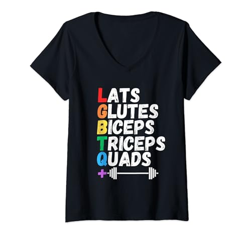 Damen Motivierendes Design, LATS GLUTES BICEPS TRICEPS QUADS T-Shirt mit V-Ausschnitt Damen Motivierendes Design, LATS GLUTES BICEPS TRICEPS QUADS T-Shirt mit V-Ausschnitt von LGBTQ Weightlifting funny team for LGBT
