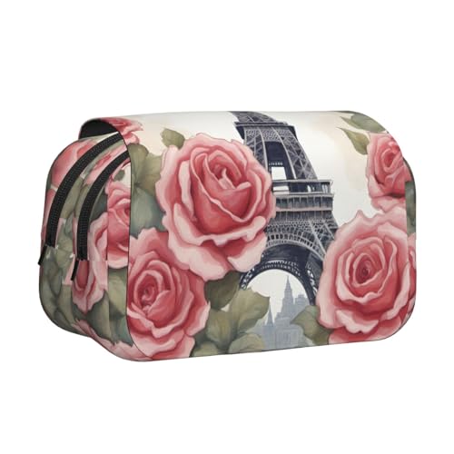 LGHDFYO Stifteetui mit Eiffelturm-Rosen-Blumendruck, Rollerball-Stifthalter, handgefertigtes Display, Organizer, Reißverschlusstasche, Schwarz, One Size, Art-Deco von LGHDFYO