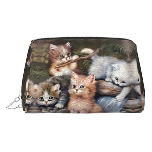 Goldfarbene Make-up-Tasche aus Leder – Reise-Kosmetiktasche mit niedlichem Katzendruck, kleiner Organizer mit Griff, Reißverschlusstasche, silber, Einheitsgröße von LGHHGY