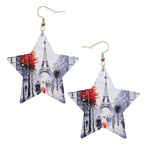 Weiße trendige Leder-Stern-Ohrringe für Frauen – Paris City Tree Eiffelturm Kunstdruck baumelnder Schmuck, leichtes Mode-Accessoire, Einheitsgröße, Leder von LGHHGY