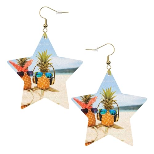 Weiße trendige Leder-Stern-Ohrringe für Frauen – Strand zwei Ananas Meer Druck baumeln Schmuck, leichtes Mode-Accessoire, Einheitsgröße, Leder von LGHHGY