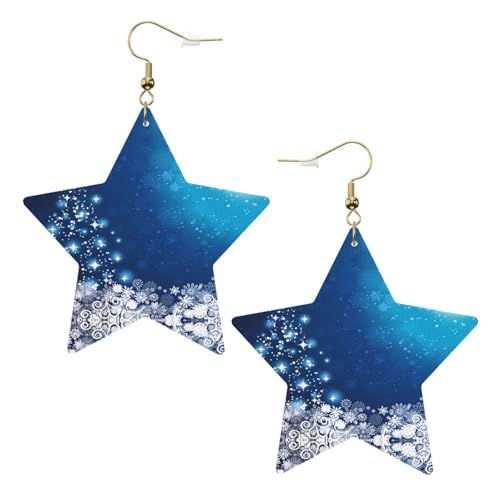 Weiße trendige Leder-Stern-Ohrringe für Frauen – blauer Weihnachts-Schneeflocken-Druck, baumelnder Schmuck, leichtes Mode-Accessoire, Einheitsgröße, Leder von LGHHGY