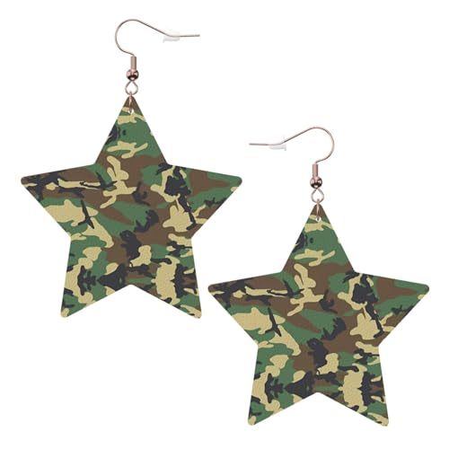 Weiße trendige Leder-Stern-Ohrringe für Frauen – grüner Militär-Camouflage-Druck, baumelnder Schmuck, leichtes Mode-Accessoire, Einheitsgröße, Leder Weiße trendige Leder-Stern-Ohrringe für Frauen – grüner Militär-Camouflage-Druck, baumelnder Schmuck, leichtes Mode-Accessoire, Einheitsgröße, Leder von LGHHGY