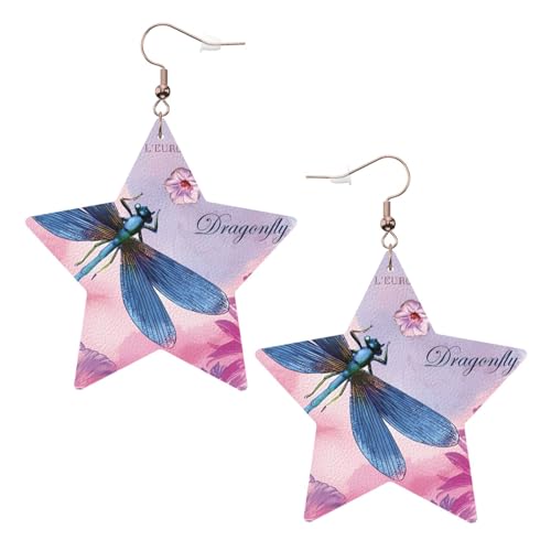 Weiße trendige Leder-Stern-Ohrringe für Frauen – rosa Blume und blaue Libellen-Druck, baumelnder Schmuck, leichtes Mode-Accessoire, Einheitsgröße, Leder Weiße trendige Leder-Stern-Ohrringe für Frauen – rosa Blume und blaue Libellen-Druck, baumelnder Schmuck, leichtes Mode-Accessoire, Einheitsgröße, Leder von LGHHGY