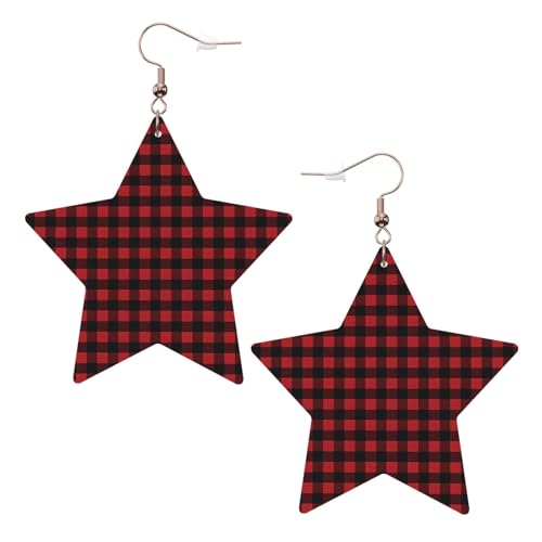 Weiße trendige Leder-Stern-Ohrringe für Frauen – rot schwarz Büffelkaro Karomuster Druck baumeln Schmuck, leichtes Mode-Accessoire, Einheitsgröße, Leder Weiße trendige Leder-Stern-Ohrringe für Frauen – rot schwarz Büffelkaro Karomuster Druck baumeln Schmuck, leichtes Mode-Accessoire, Einheitsgröße, Leder von LGHHGY