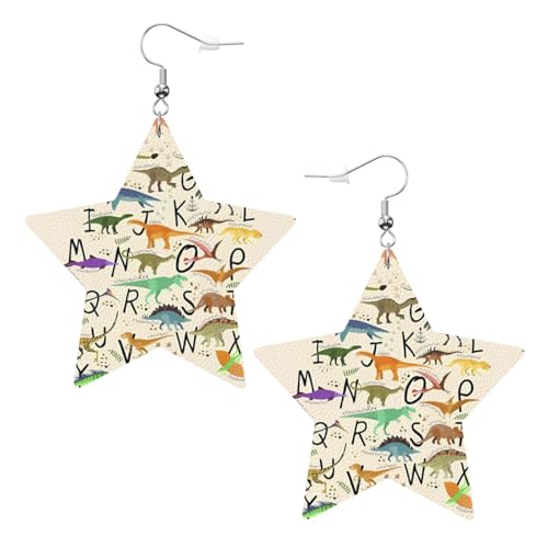 Weiße trendige Leder-Stern-Ohrringe für Frauen – stilvolle Lernalphabete mit Dinosaurier-Druck, baumelnder Schmuck, leichtes Mode-Accessoire, Einheitsgröße, Leder von LGHHGY