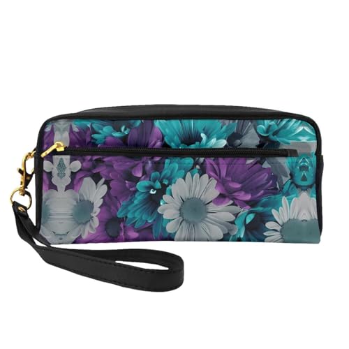 Wiederverwendbare Kosmetiktasche – Reise-Kulturbeutel, lila und blaugrüne Blumen, Volldruck, Leder, kleine Tasche für Damen, Schwarz , Einheitsgröße von LGHHGY