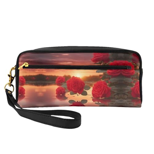 Wiederverwendbare Kosmetiktasche – Reise-Kulturbeutel, rote Rosen bei Sonnenuntergang, Volldruck, Leder, kleine Tasche für Damen, Schwarz , Einheitsgröße von LGHHGY