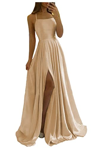 LGHTGR Spaghettiträger Slit Satin Ballkleider Damen Lang Backless Ballkleid Formelle Abendkleid Promkleider mit Taschen von LGHTGR