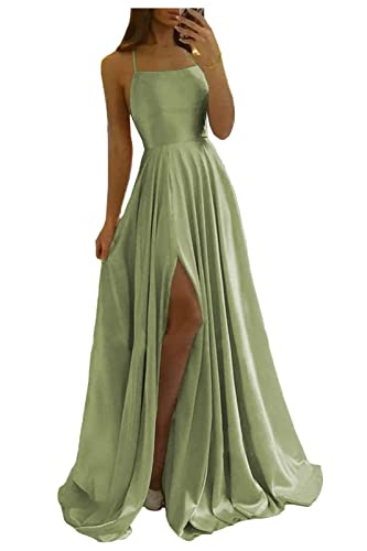 LGHTGR Spaghettiträger Slit Satin Ballkleider Damen Lang Backless Ballkleid Formelle Abendkleid Promkleider mit Taschen von LGHTGR