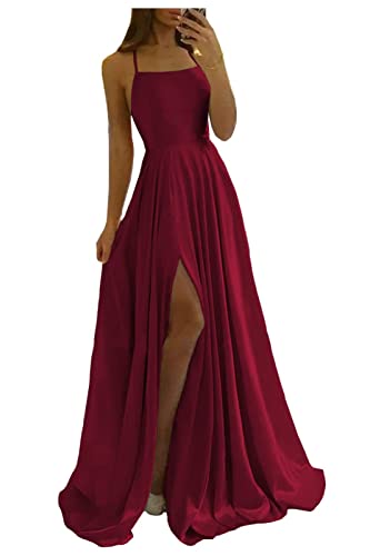 LGHTGR Spaghettiträger Slit Satin Ballkleider Damen Lang Backless Ballkleid Formelle Abendkleid Promkleider mit Taschen von LGHTGR