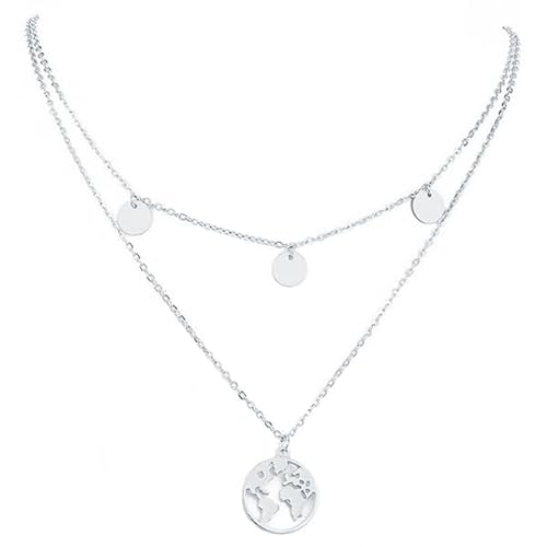 Damen Halskette Multi Layer Weltkarte Silber von LGT JWLS