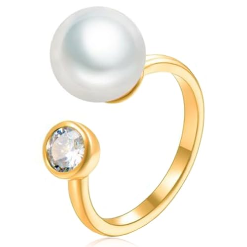 Damen Ring Gold verstellbar vergoldet mit Zirkonia und Perle von LGT JWLS