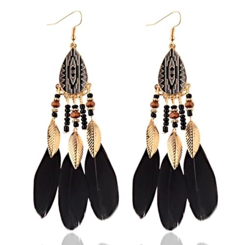 Ethnische Ohrringe mit Perlen und Federn von LGT JWLS - Schwarz von LGT JWLS